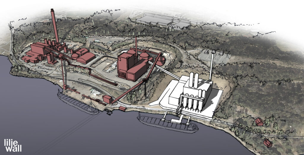 Schematisk bild över hur en planerad bio-CCS-anläggning kan se ut med placering bredvid Igelsta kraftvärmeverk.