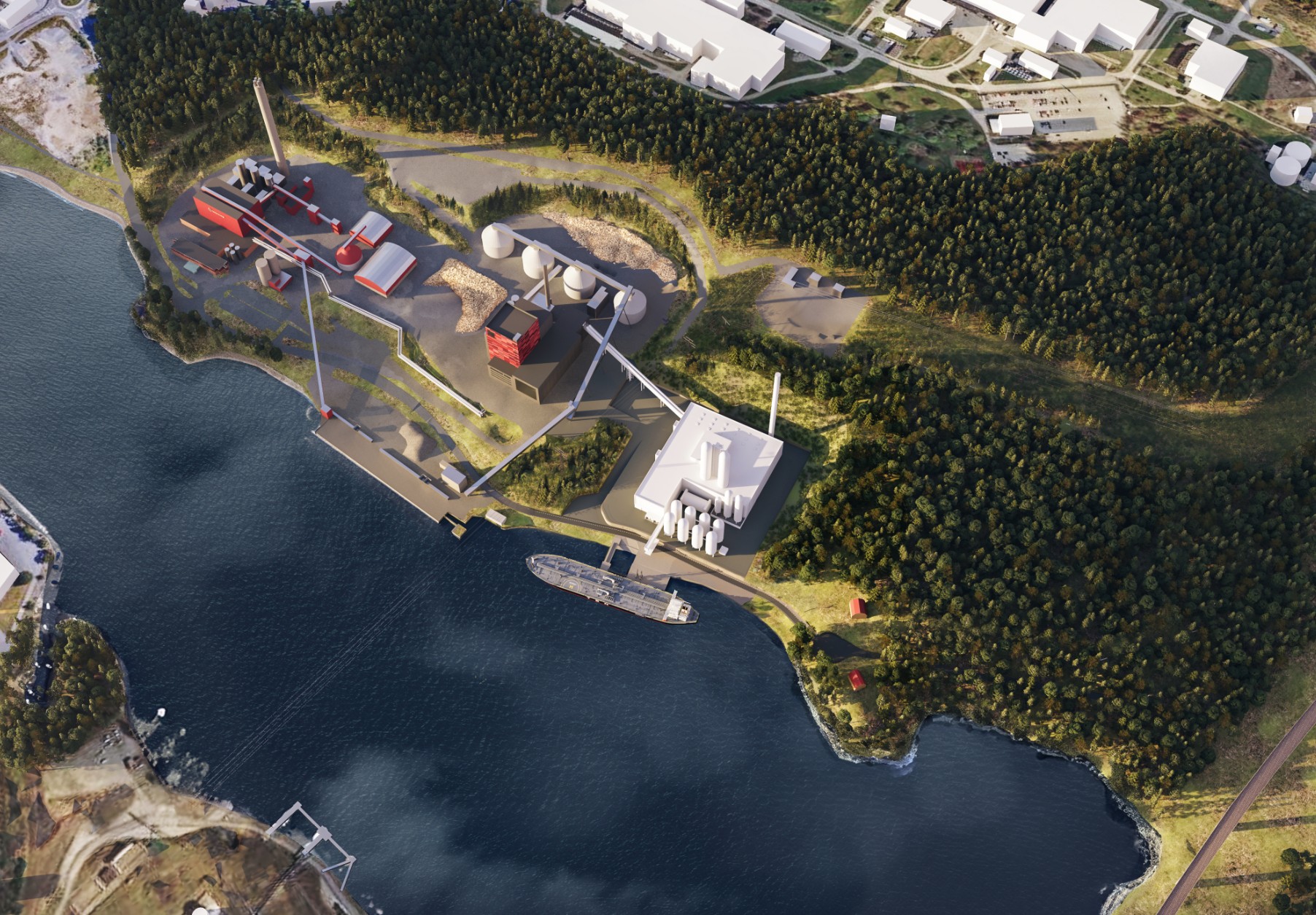 Illustration av Liljewall arkitekter, en schematisk bild över hur en planerad bio-CCS-anläggning kan komma att se ut bredvid Igelsta kraftvärmeverk.